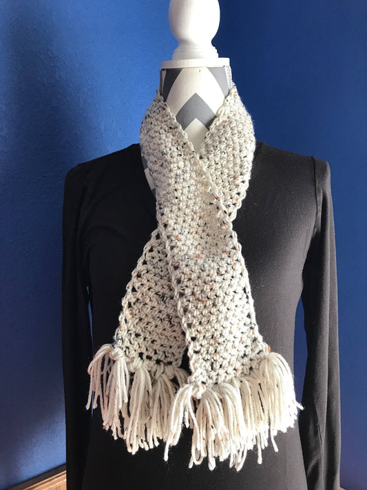 Cream and Brown Speckled Unisex Crochet Scarf