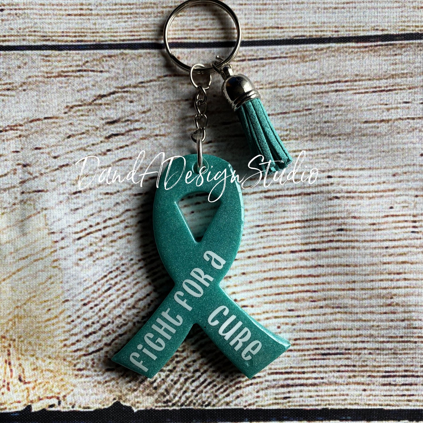 Ovarian Cancer/PCOS/PTSD Awareness Teal Ribbon Keychain