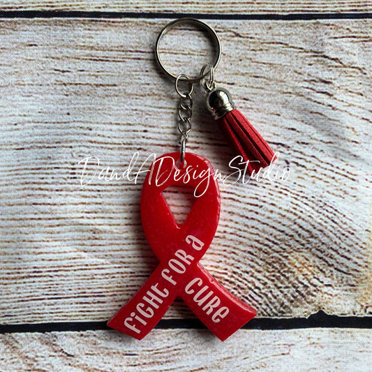 HIV/AIDS/Addiction Recovery Heart Disease Awareness Red Ribbon Keychain