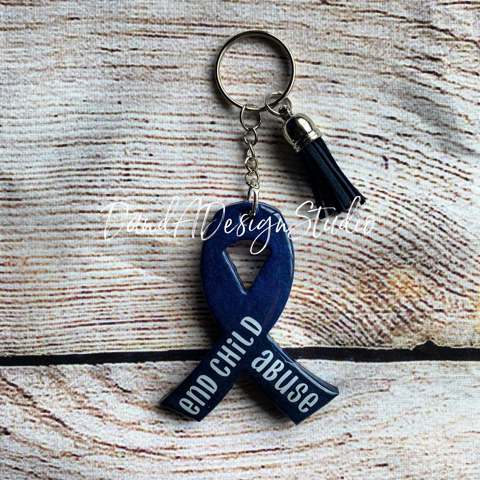 Child Abuse Awareness Navy Blue Ribbon Keychain – D and A Design Studio