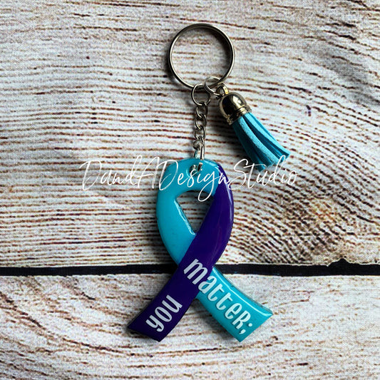 Suicide Awareness Blue Teal and Purple Ribbon Keychain